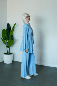 SHENAY Soft Harmony Tesettür İkili Takım V Yaka Kuşaklı 4 Mevsim Rahat Kalıp - Mavi