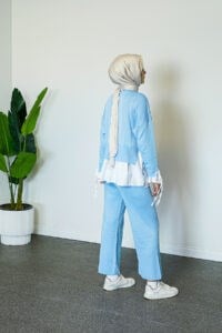 SHENAY Tesettür Triko Takım Nil Modeli Rahat Kalıp Gömlekli Günlük Kombin - Mavi