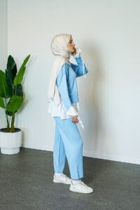 SHENAY Tesettür Triko Takım Nil Modeli Rahat Kalıp Gömlekli Günlük Kombin - Mavi