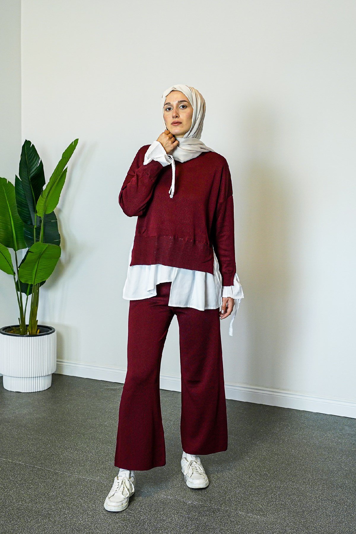 SHENAY Tesettür Triko Takım Nil Modeli Rahat Kalıp Gömlekli Günlük Kombin - Bordo