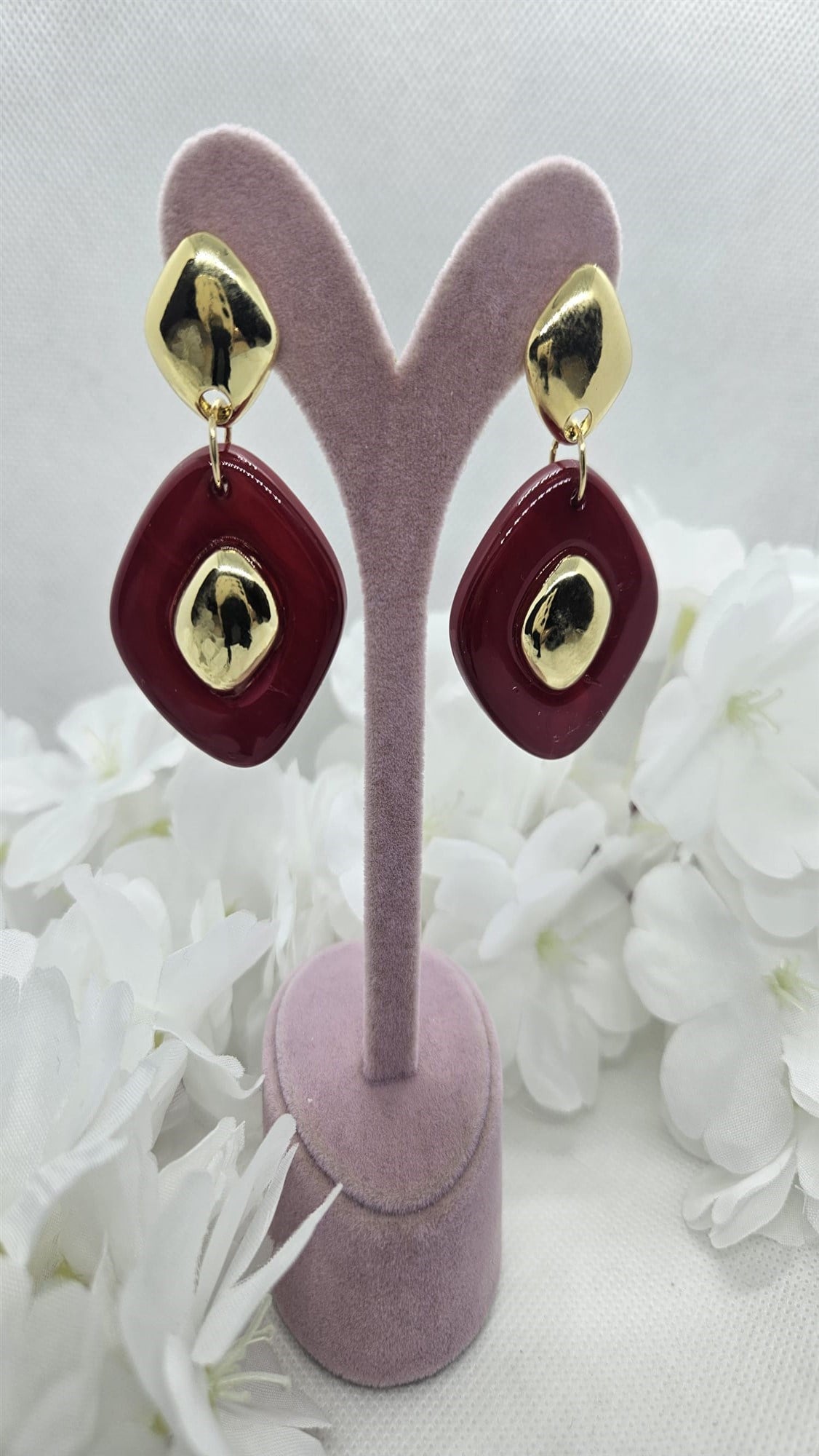 Gold Bordo Renk Plaka Model Küpe