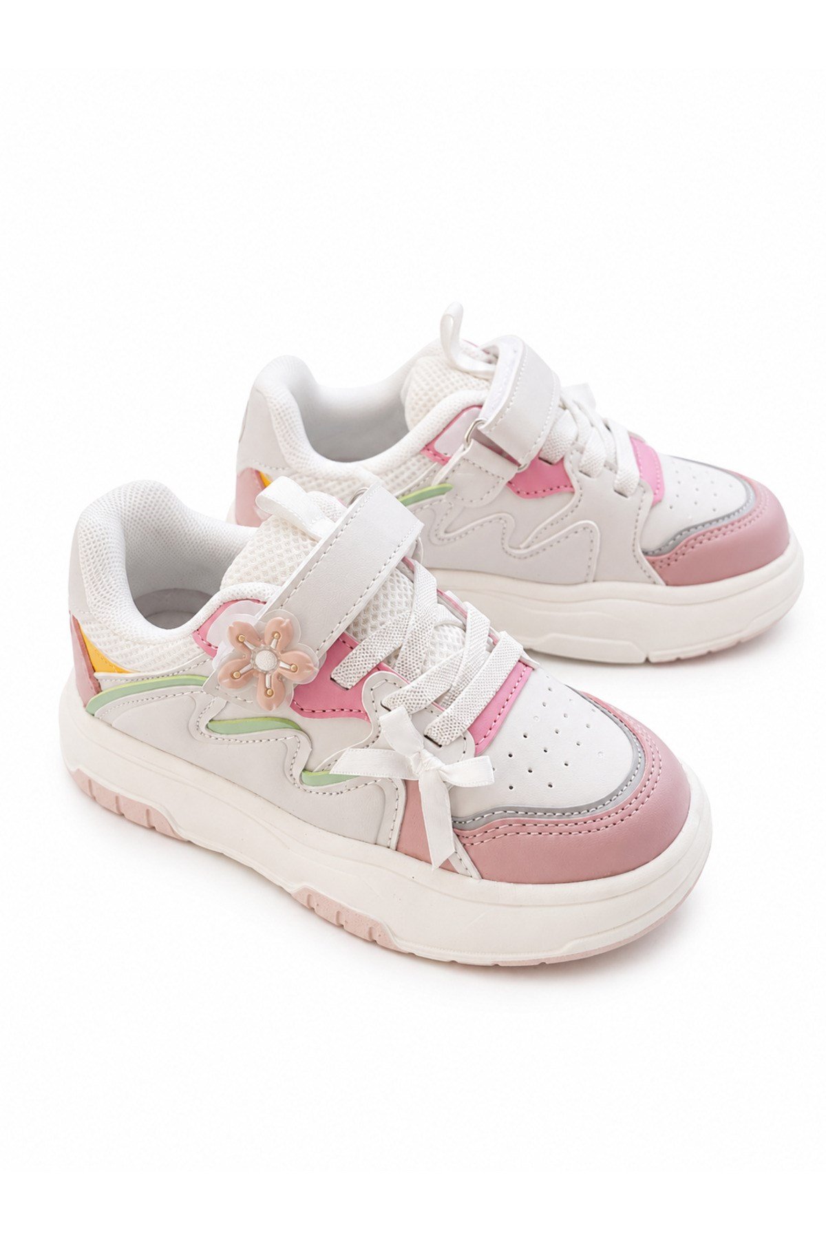 Kız Çocuk Spor Ayakkabı Cırt Cırtlı Kalın Taban Günlük Sneaker Pembe Beyaz