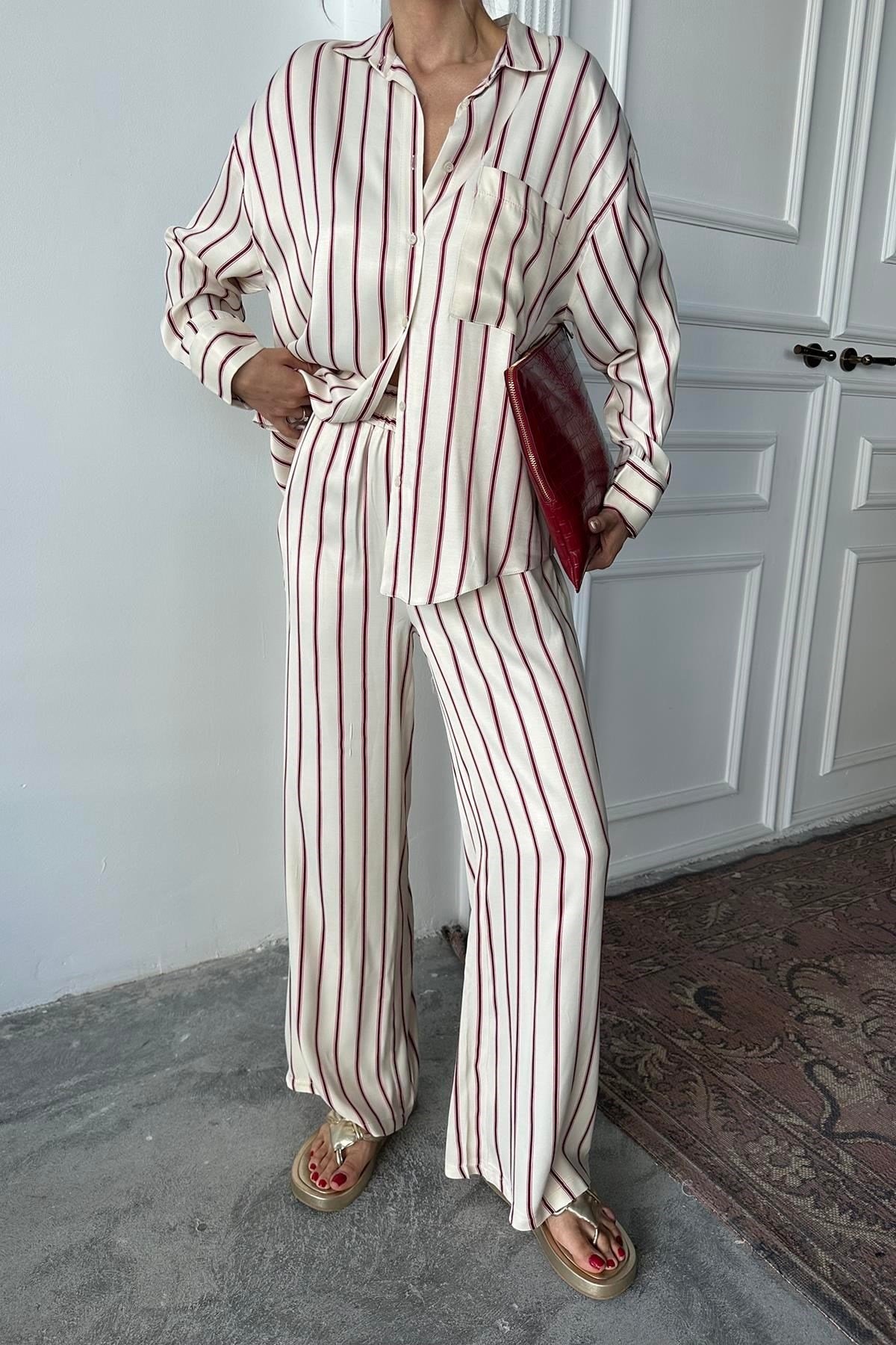Bordo Çizgili Saten Takım