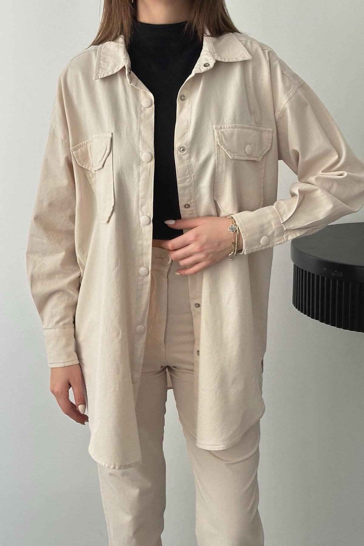 Toptan Bej Gömlek Ve Çıtçıtlı Pantolon Takım