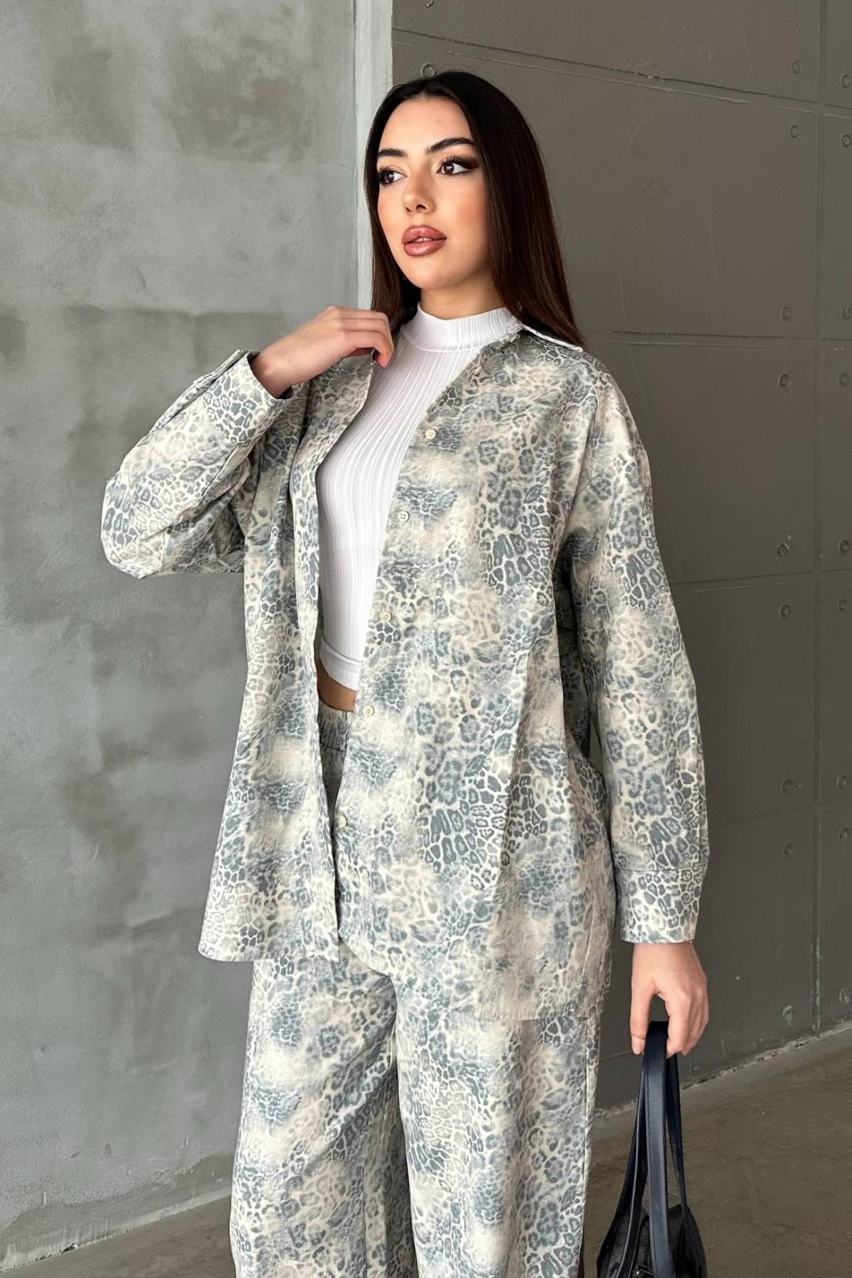 Toptan Gri Leopar Desenli Ceket Ve Pantolon Keten Takım
