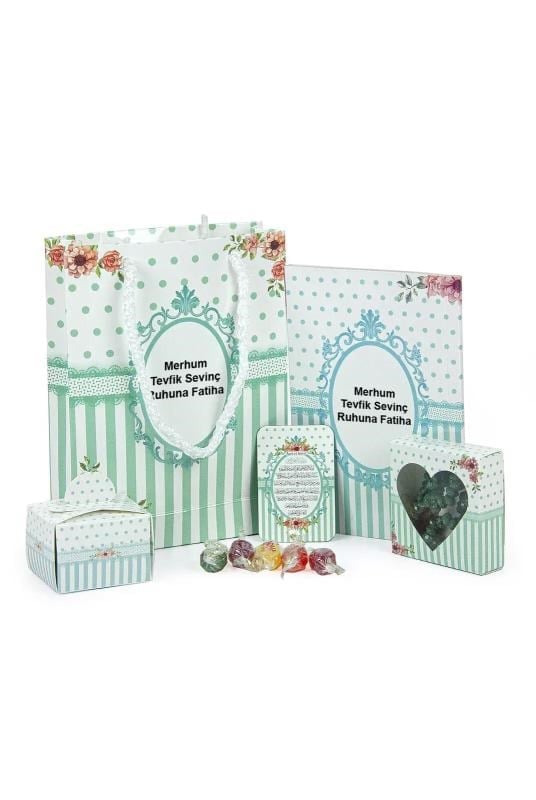10 Adet Hediyelik 5'li Mevlüt Seti İsme Özel Etiketli Çantalı Tesbihli, Magnetli, Yasin Kitabı - Yeşil