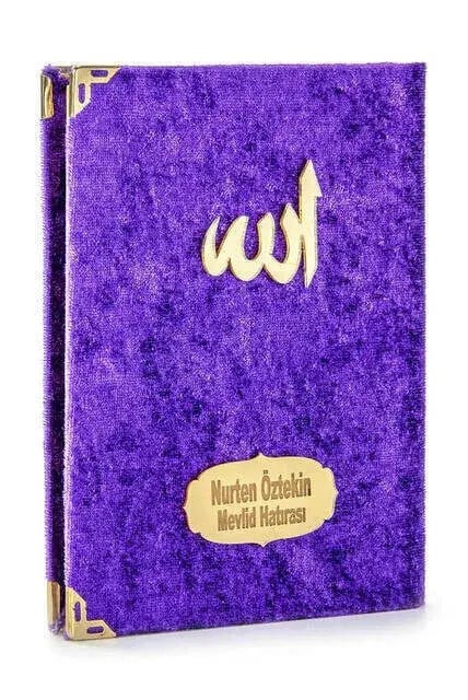 10 Adet Hediyelik Özel Set - Kadife Kaplı Yasin Kitabı - Cep Boy - İsme Özel Plakalı - Seccadeli - Tesbihli - Kutulu - Mor - Mevlüt Hediyeliği