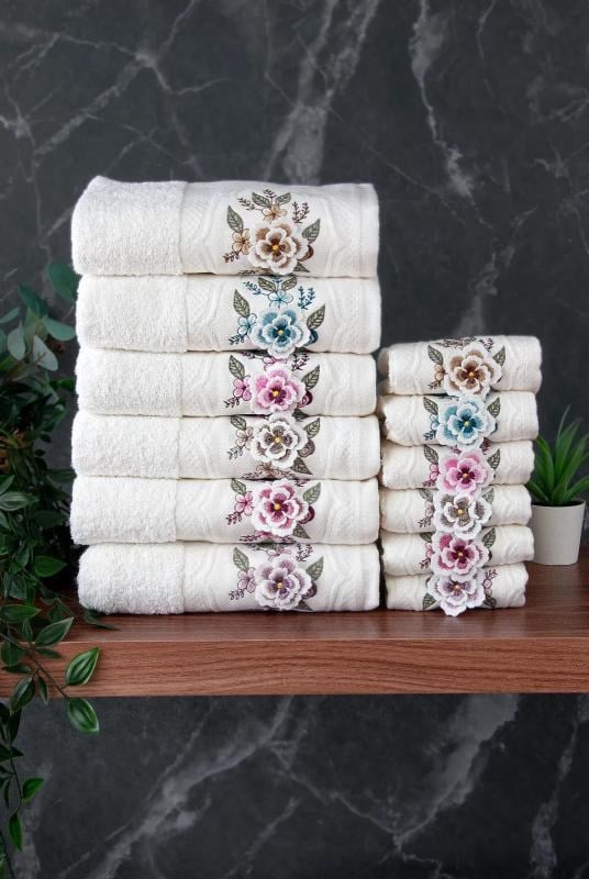 %100 Pamuklu 3D Çiçek İşlemeli 12 li Analı Kızlı Çeyizlik Havlu Seti 50x90 cm - 00030