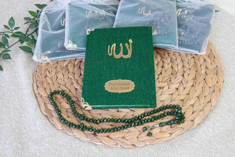 5 Adet Keseli Tesbihli İsim Baskılı Kadife Kaplı Yasin Mevlüt Kitabı Seti Hediyesi Yeşil