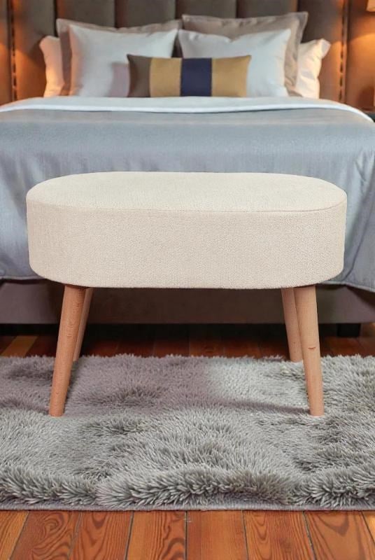 Ahşap Ayaklı Oval Puf Bench Geniş Oturum Alanlı Puf Sandalye  - Krem - (60x40 cm)
