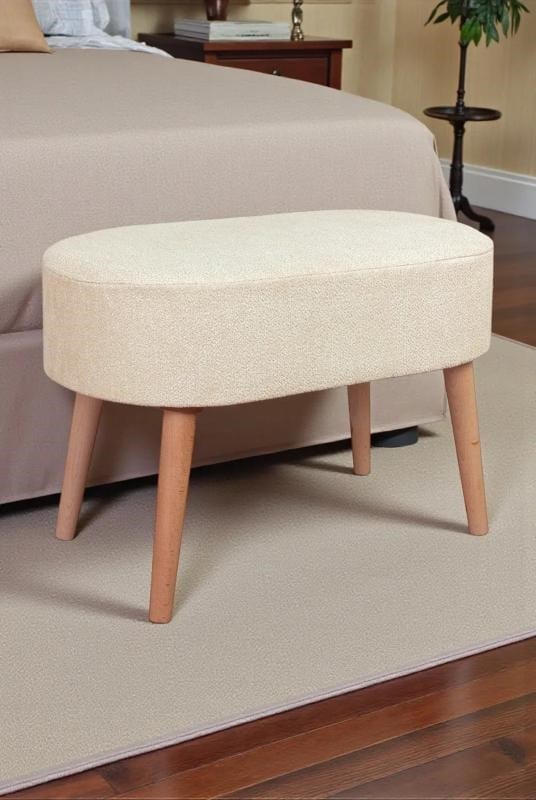 Ahşap Ayaklı Oval Puf Bench Geniş Oturum Alanlı Puf Sandalye  - Krem - (60x40 cm)