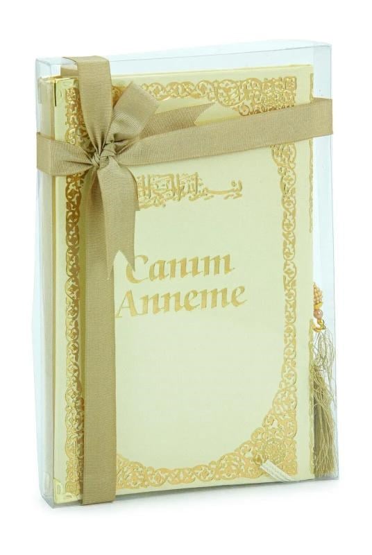 Anneye Hediye Kutulu İnci Tesbihli Ciltli Yasin Kitabı Seti Krem