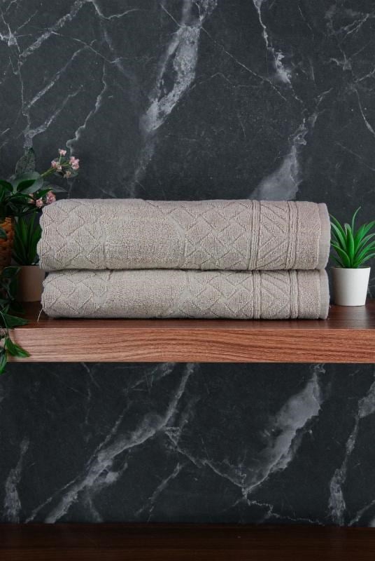 Ayak İzi Desenli 2li Ayak Havlusu - 50x70 cm - Su Emici Banyo Paspası Seti - Krem - 04085