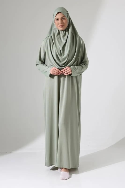 Başörtülü Tek Parça Namaz Elbisesi - Mint Yeşili - 5015