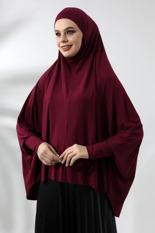 Bordo Hazır Pratik Sultanbaş Tesettür Kollu Penye Sufle Eşarp Hijab