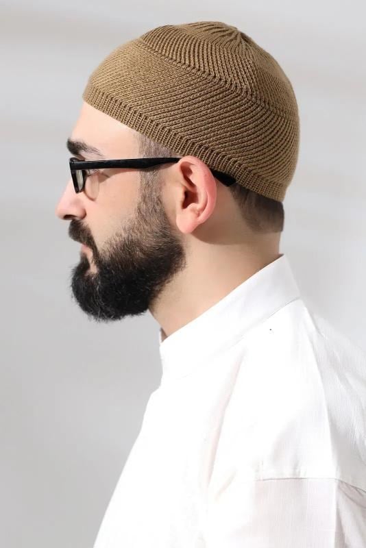 Camel Süper Namaz Dantel Detaylı Örme Orlon Namaz Takkesi