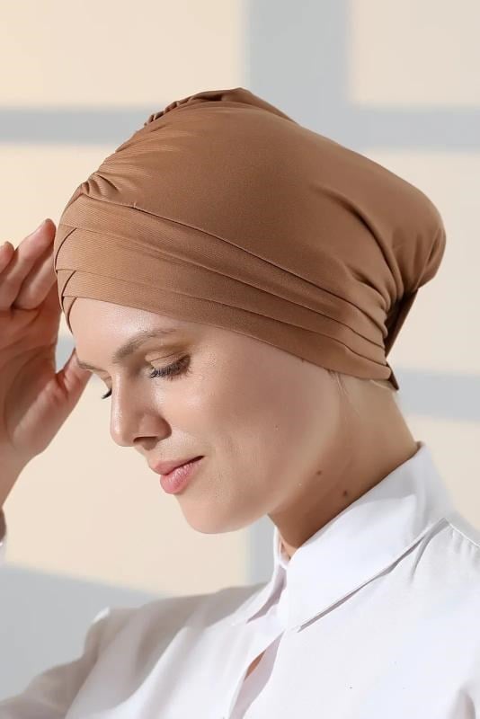 Çapraz 3 Bantlı Çift Taraflı Kadın Tesettür Bone Açık Kahve