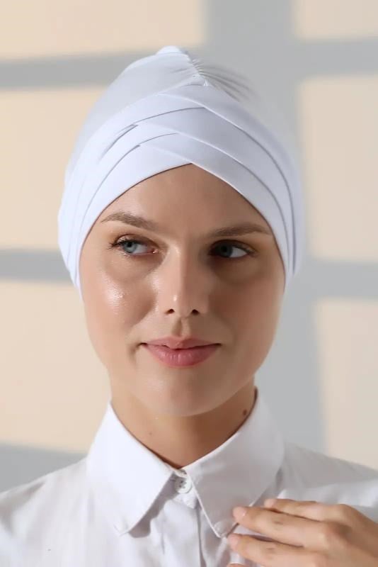 Çapraz 3 Bantlı Çift Taraflı Kadın Tesettür Bone Beyaz