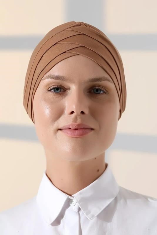 Çapraz 3 Bantlı Çift Taraflı Tesettür Bone Açık Kahve