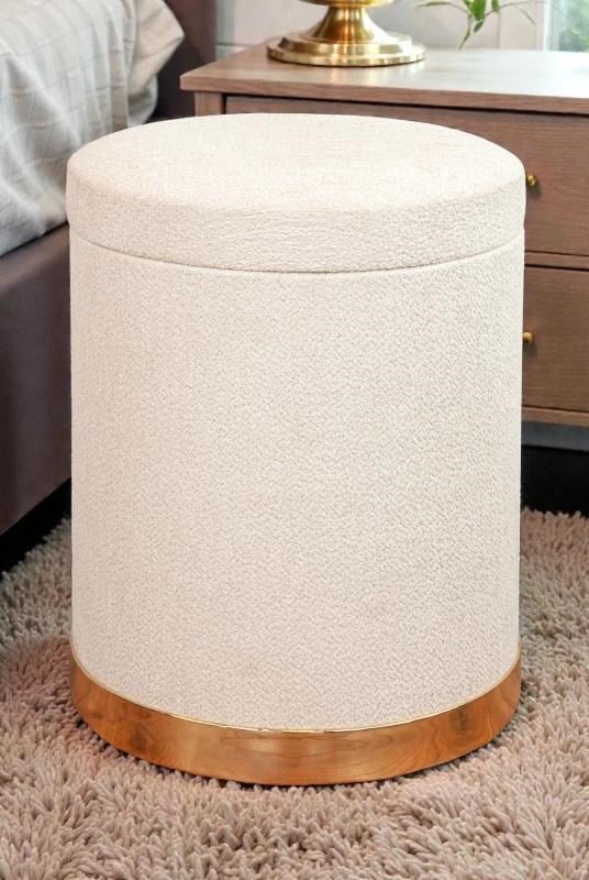 Dekoratif Silindir Sandıklı Varaklı Puf – Çok Amaçlı Oturma ve Yatak Odası Pufu - Krem - (40x34 cm)