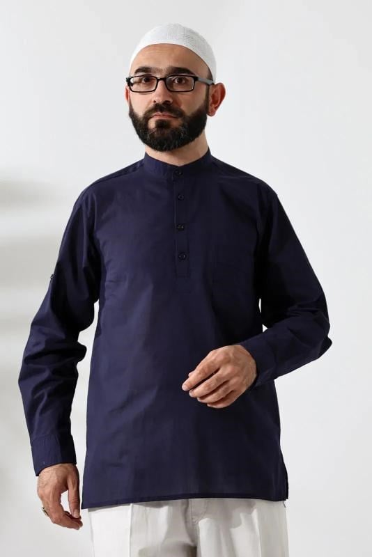 Erkek %100 Pamuk Vual Rahat Kesim Hakim Yaka Yarım Pat Lacivert Hac Umre Gömlek