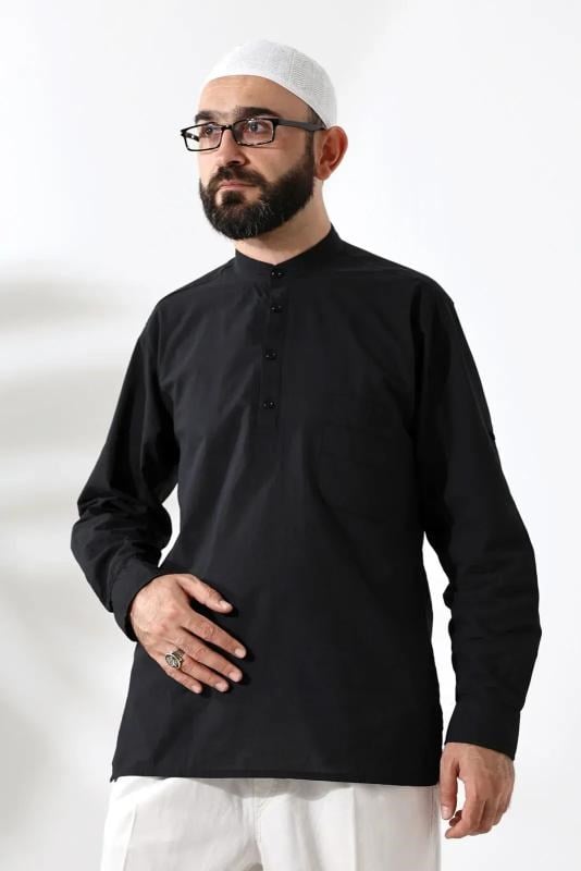 Erkek %100 Pamuk Vual Rahat Kesim Hakim Yaka Yarım Pat Siyah Hac Umre Gömlek