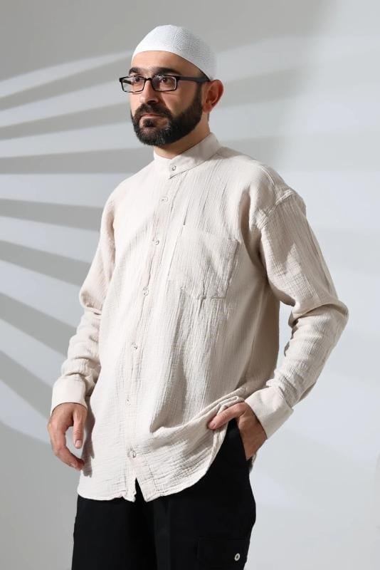 Erkek Hakim Yaka Uzun Kollu Düğmeli Müslin Gömlek Bej