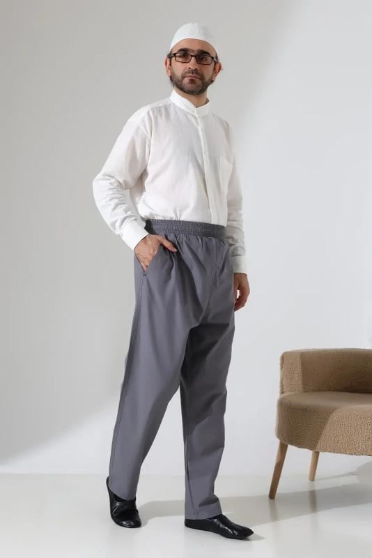 Erkek Lastikli Bel Cepli Hac Umre Keten Şalvar Pantolon - Antrasit (VŞN)