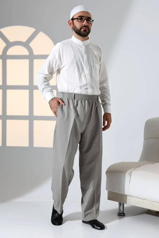 Erkek Rahat Kesim Beli Lastikli Cepli Hac ve Umre Kumaş Şalvar Pantolon - Toprak Rengi (İSR)