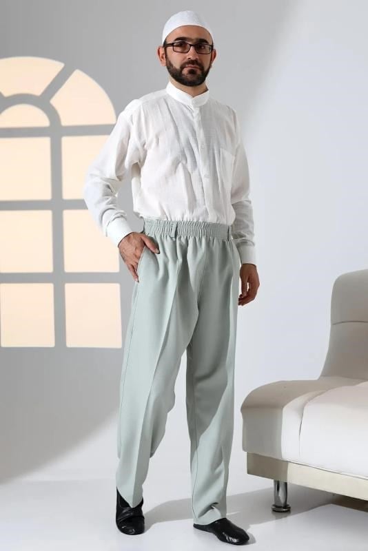 Erkek Rahat Kesim Beli Lastikli Cepli Hac ve Umre Kumaş Şalvar Pantolon - Su Yeşili (İSR)