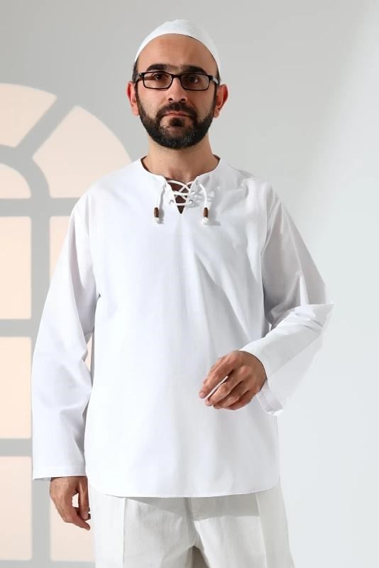 Erkek Sıfır Yaka Bağcıklı Uzun Kollu Keten Gömlek Beyaz