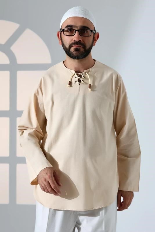 Erkek Sıfır Yaka Bağcıklı Uzun Kollu Keten Gömlek Krem