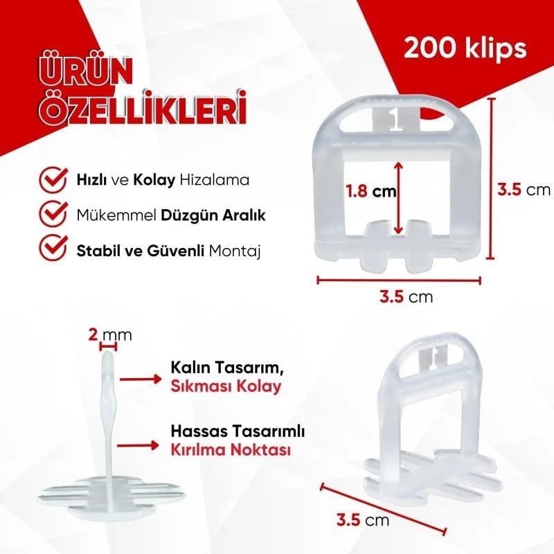 Fayans Seramik Seviye Tespit Derz Artısı Tutucu Klipsi 2 mm 200 Adet