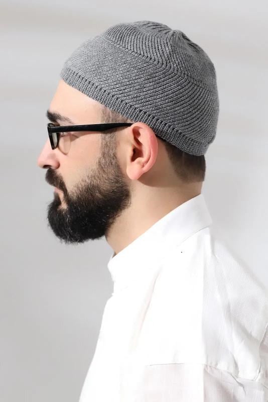 Gri Süper Namaz Dantel Detaylı Örme Orlon Namaz Takkesi