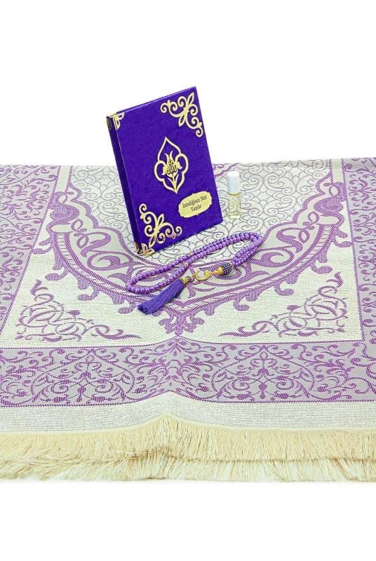 Hediyelik 4 Parça Mevlüt Seti İsme Özel Kadife Kaplı Yasin, Tesbihli Seccade Seti - Mor