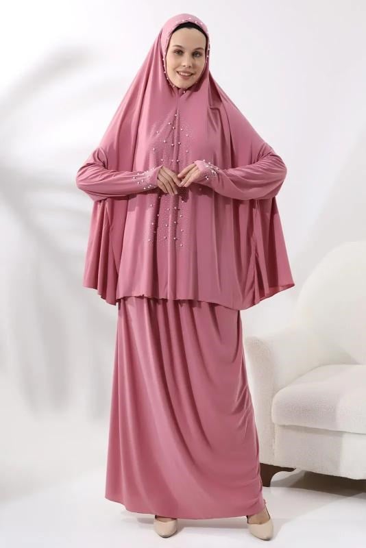 İki Parça İncili Taşlı Alt Üst Pratik Namaz Elbisesi 8017 Pembe