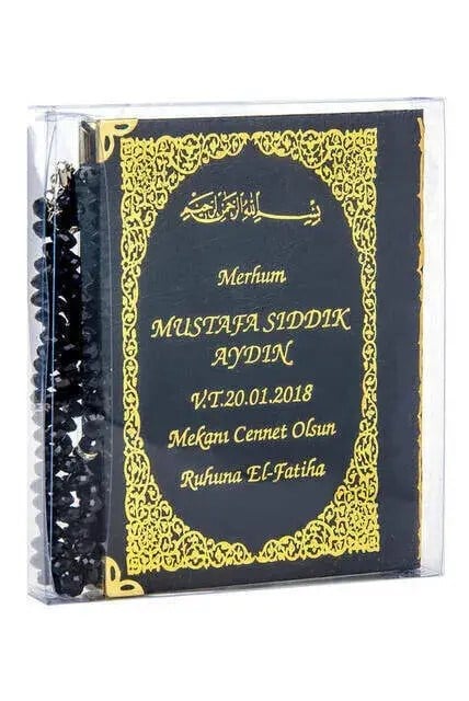 İsim Baskılı Ciltli Yasin Kitabı - Çanta Boy - 128 Sayfa - Tesbihli - Şeffaf Kutulu - Siyah Renk - Dini Hediyelik Set