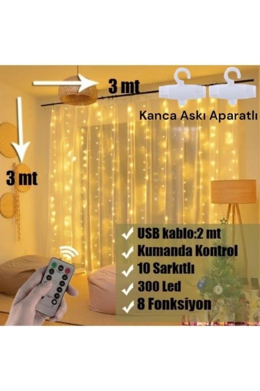 İTHALCİM 300 Ledli 10 Sarkıt Perde Led Işık-8 Fonksiyon, Uzaktan Kumandalı, 3x3 Metre