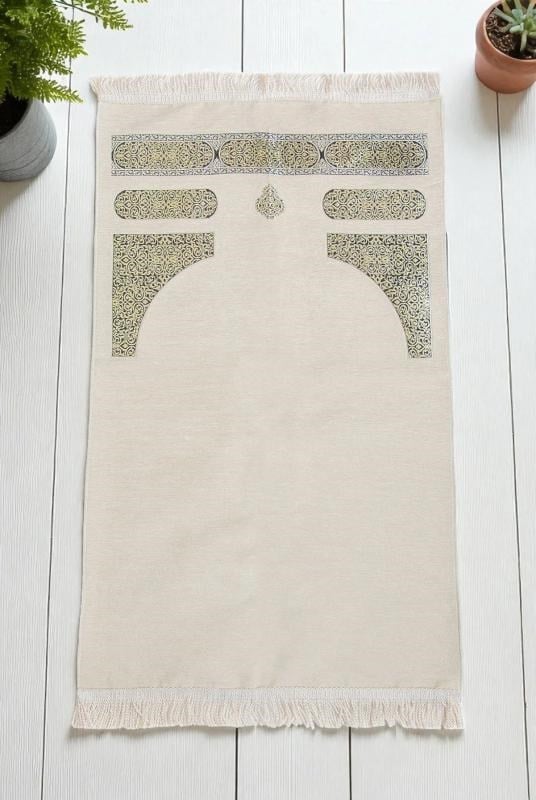 Kabe Desenli Örgü Püsküllü Şönil Seccade Krem