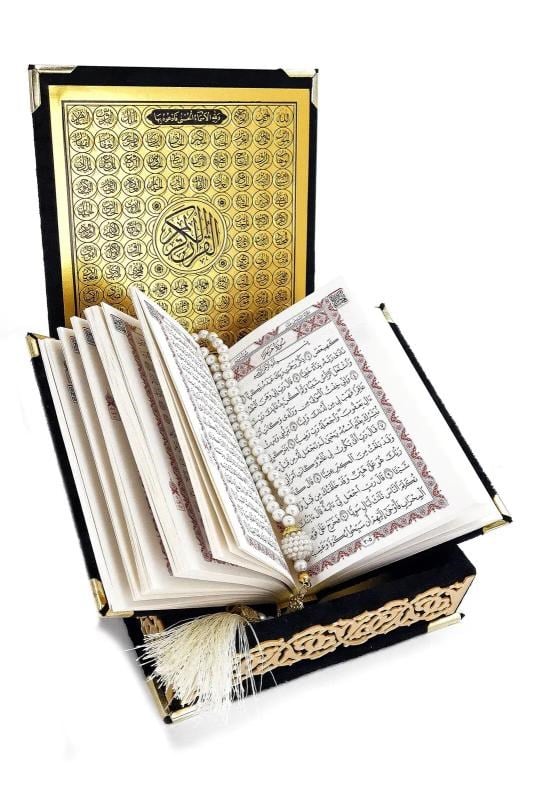 Kadife Kaplı Sandıklı Cep Boy Hediyelik Kuranı Kerim Seti - Siyah