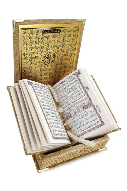 Kadife Kaplı Sandıklı Cep Boy Hediyelik Kuranı Kerim Seti - Gold