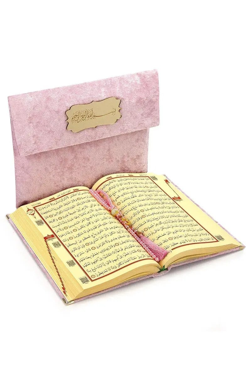 Kadife Keseli Hediyelik Orta Boy Arapça Kuranı Kerim Pembe