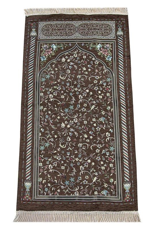 Kahverengi Çiçekli Ravza Desenli Astarlı Şönil Seccade