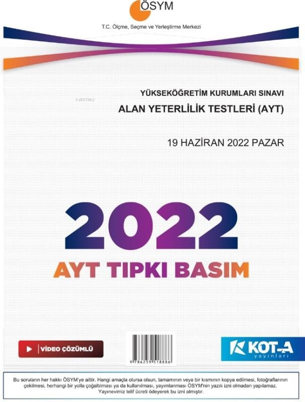 Kota 2022 AYT Çıkmış Sorular (Tıpkı Basım-Kapaksız Fasikül)