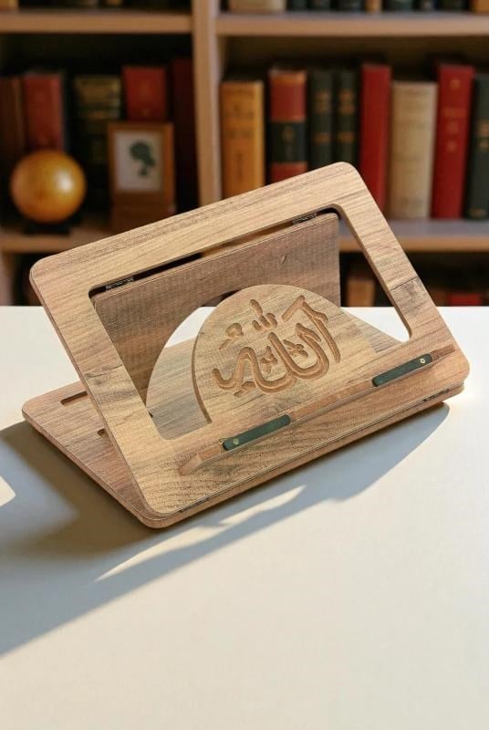 Masaüstü Kademeli Ayarlanabilir Allah Yazılı Sayfa Tutucu Aparatlı Ahşap Rahle, Katlanabilir Tablet Standı