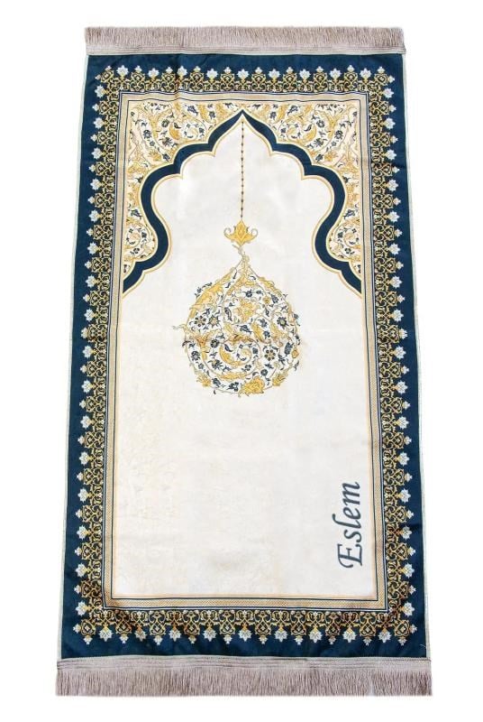 Nakış İşlemeli İsimli Kadife İpek Dokulu Mihrap Desenli Keseli İnci Tesbihli Seccade Sarı