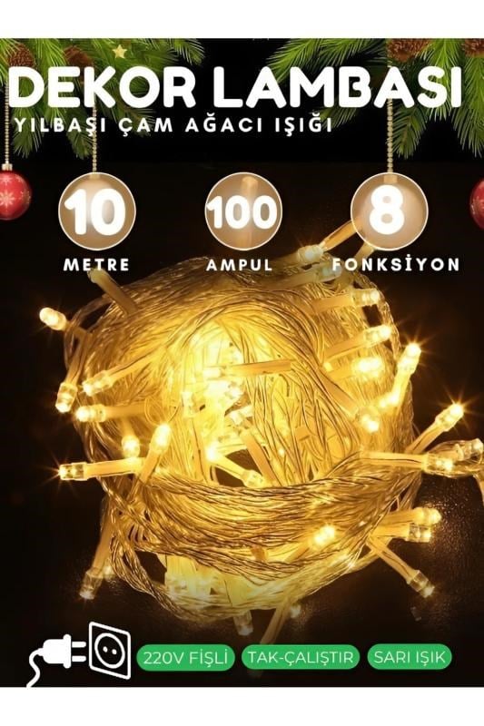 nextbuy 10 MT Led Işık Aydınlatma Yılbaşı Çam Ağacı Süsleme 100 Ampul 8 Modlu Fişli Dekor Lambası