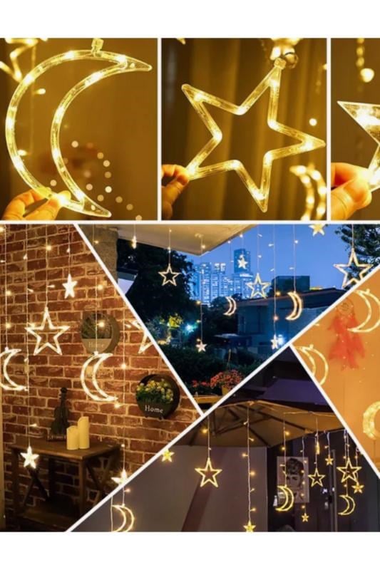 nextbuy Ay Yıldız Perde Led 8 Mod Saçaklı Perde Pencere Balkon Duvar Işık Dekoratif Peri Lamba Led Işığı