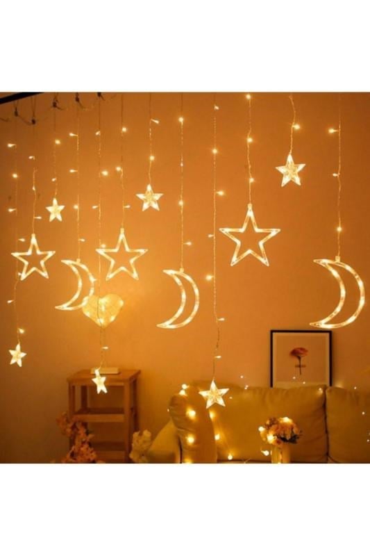 nextbuy Ay Yıldız Perde Led 8 Mod Saçaklı Perde Pencere Balkon Duvar Işık Dekoratif Peri Lamba Led Işığı