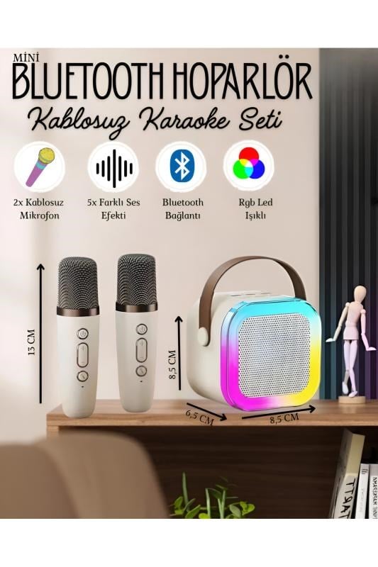 nextbuy Mini Karaoke Bluetooth Hoparlör 2x Kablosuz Mikrofonlu Rgb Led Işıklı 5 Efektli Şarjlı Ses Bombası